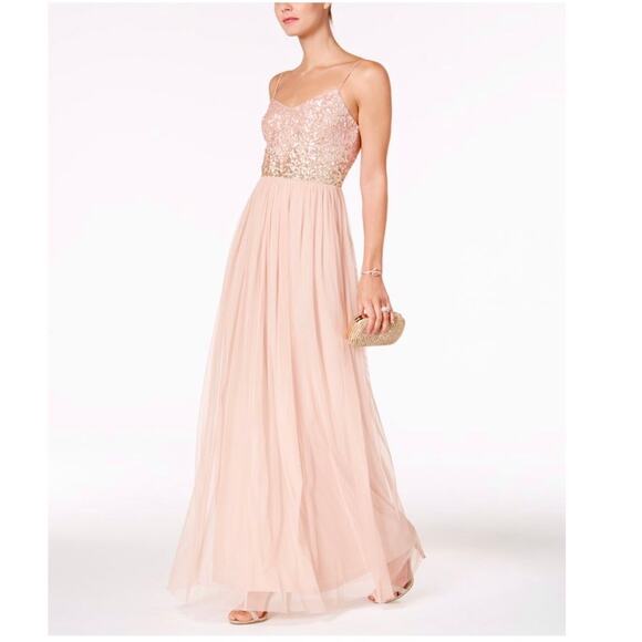 Adrianna Papell Sequined Tulle Gown in Rose Blush Spagetti Strap Maxi Dress Sz 6 - Picture 1 of 15